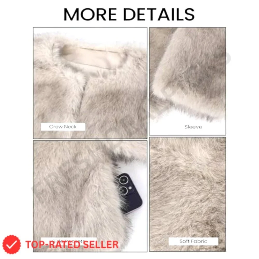 Cropped Faux Fur Jacket Open Front Fluffy Winter Coat Women's Outerwear - Picture 7 of 7